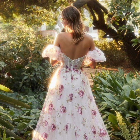 NEW LONG OFF THE SHOULDER STRAPLESS TULLE DRESS WITH REMOVABLE SLEEVES AL A1133 - Picture 7 of 11